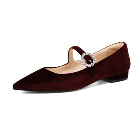 XYD Women Classic Pointed Close Toe Flats with Rhinestone Buckle Strap Low Heel Mary Jane Velvet Daily Shoes Size 16 Burgundy