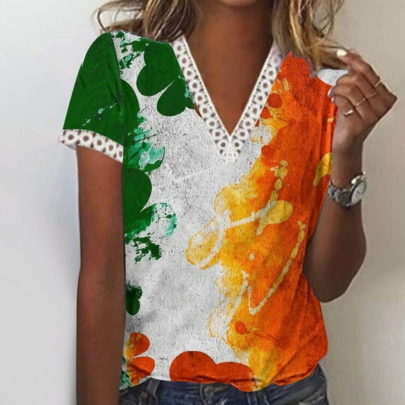 Deals Up to 70% off!Fashiopn Womens Summer Tops 2024 Plus Size V-Neck Lace Patchwork Saint Patrick Printed Short Sleeve Casual Tops Blouse Gift for Women on Sale