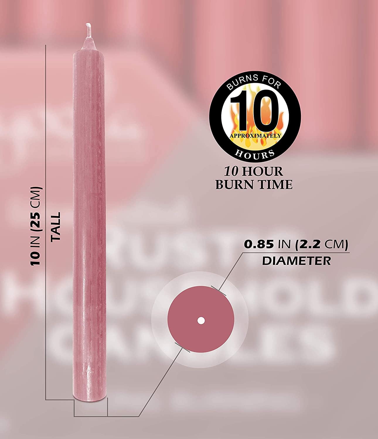 Hyoola 10" Rustic Antique Rose Pink Dripless Dinner Candles Unscented Paraffin Wax with Cotton Wicks, 12-Pack