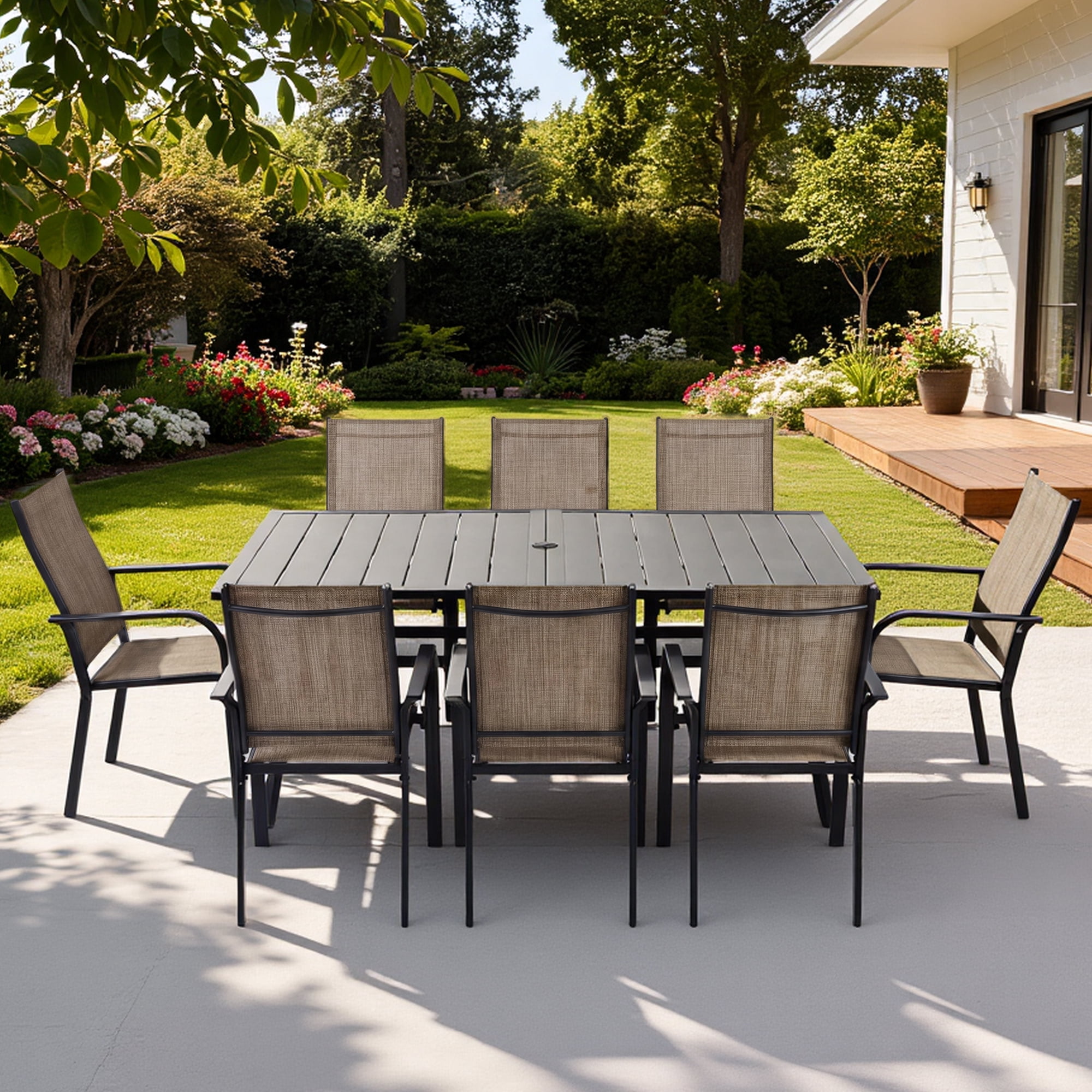 DELMANGO Patio Chairs Set of 8, Outdoor Dining Chairs High Back, All-Weather Padded Textilene Dining Chair for Lawn Porch Garden,Brown