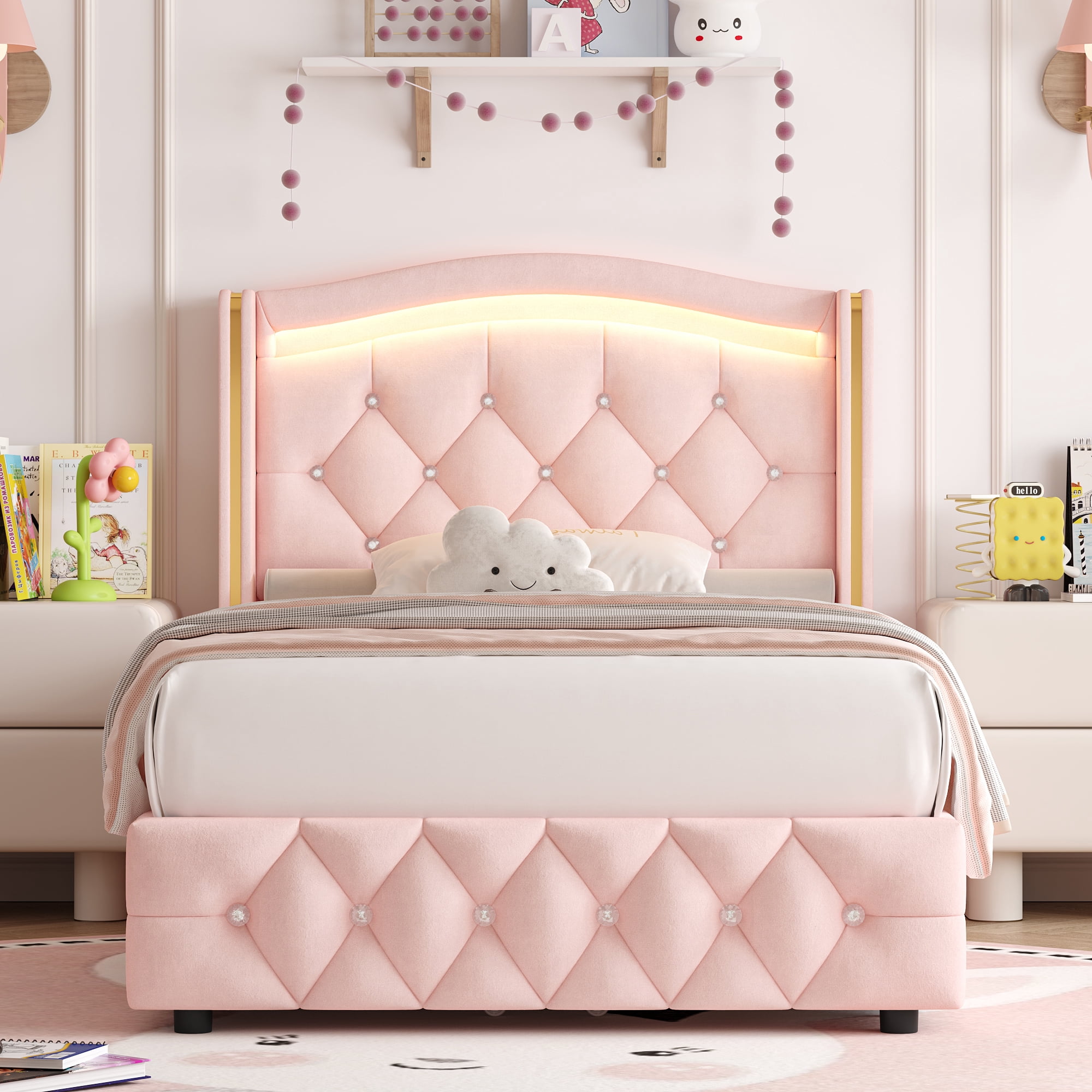Homfa Twin Size LED Bed Frame with 4 Storage Drawers, Velvet Upholstered Platform Bed with Crystal Buttons Headboard, Pink
