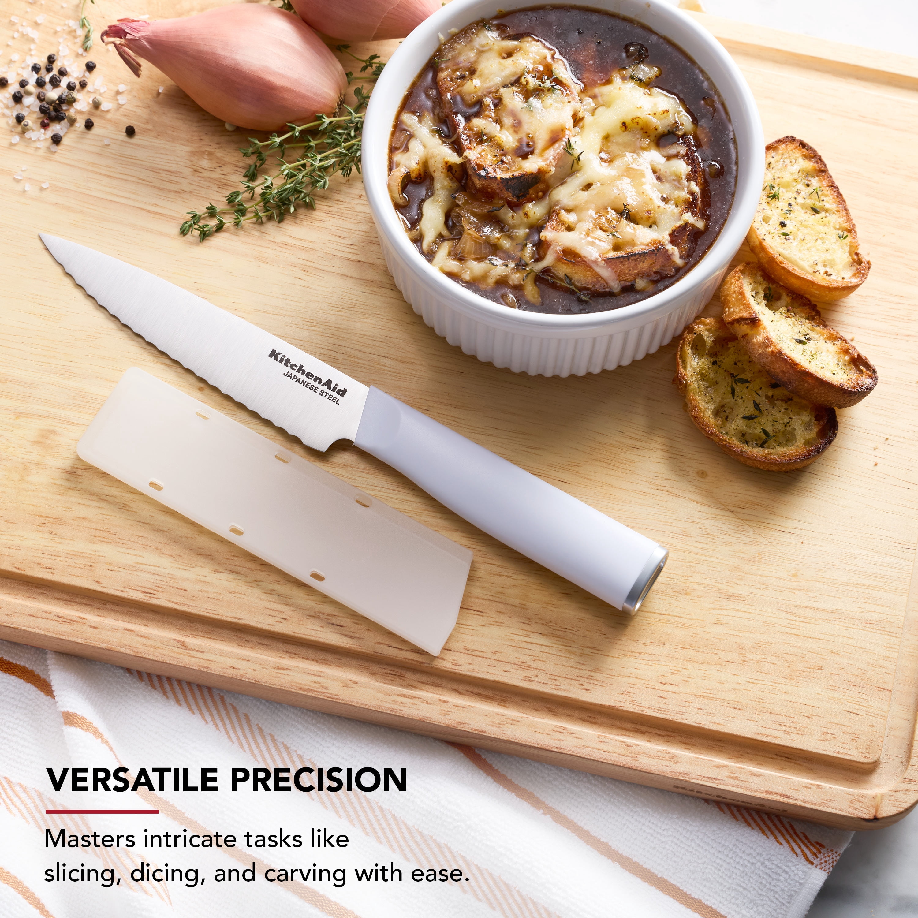 KitchenAid Classic 5.5-Inch Serrated Utility Knife with Sheath, High-Carbon Japanese Steel, White