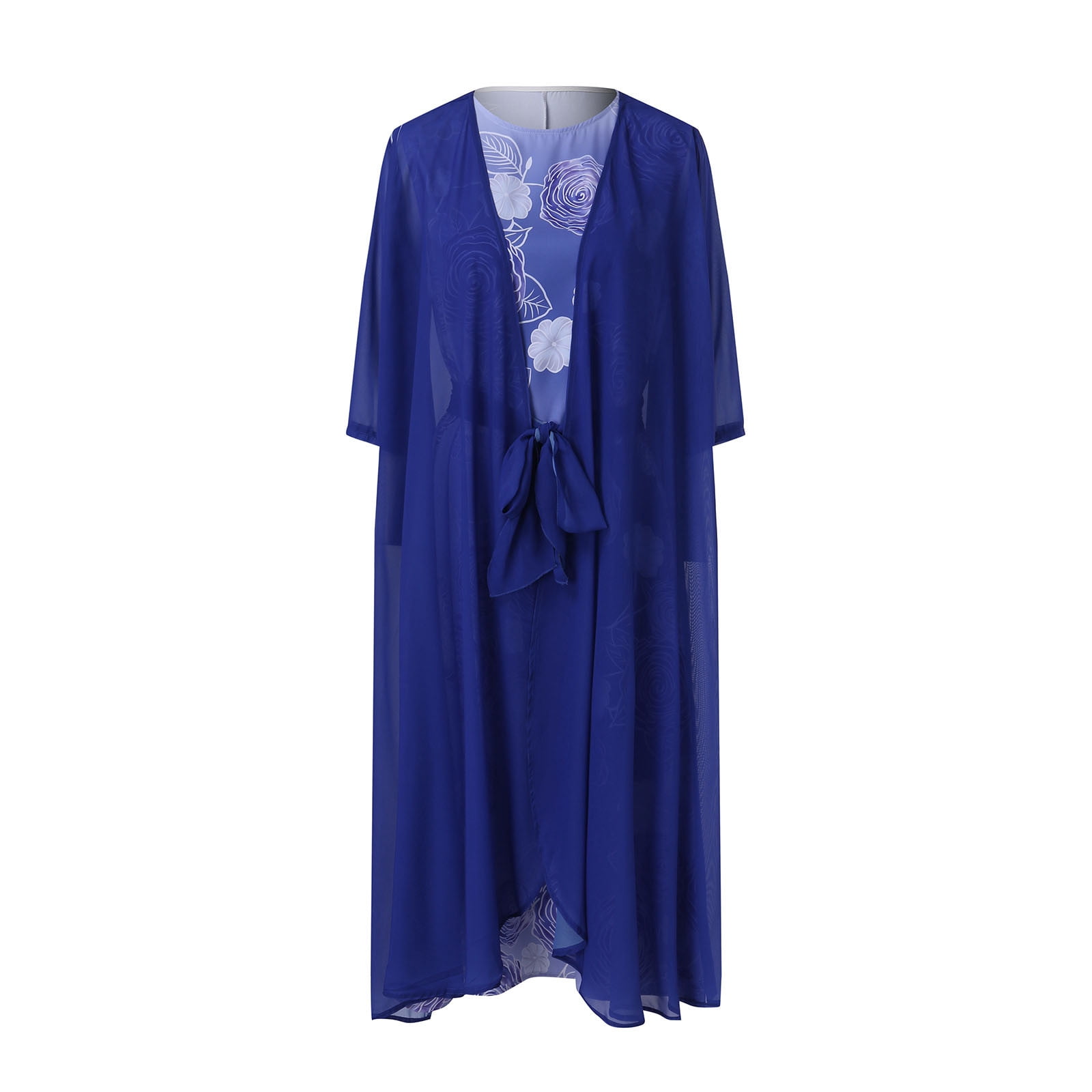 Herrnalise Plus Size Maxi Dresses for Women 2024 Women's Chiffon Dress Bohemian Dress 3/4 Sleeve Floral Embroidered Layered Waist Drawstring Fall Round Neck A Line Dress Blue