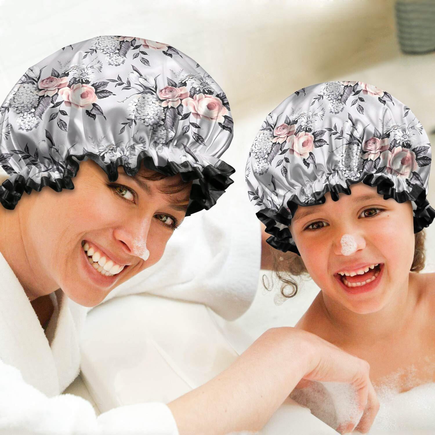 Shower Caps,Pioneer Flower Floral Print Pattern Waterproof Shower Cap for Women 4 Pieces,Double Reusable Hair Cover for Shower PEVA Elastic Stretch Hem