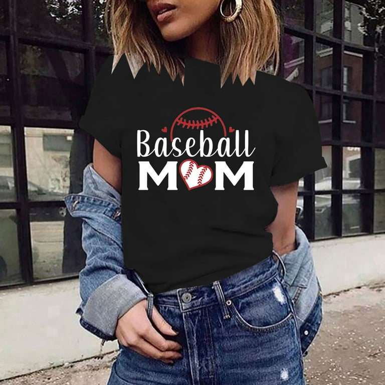 EQWLJWE Baseball Mom Shirts for Women Funny Baseball Mama Letter Print Tee  Shirt Casual Softball Graphic Gifts Tee Top