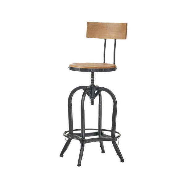 Millies Vintage Industrial Adjustable Bar Stool with Wood Backrest and Seat - Rustic Metal Frame Swivel Chair, Ideal for Kitchen, Bar, and Workshop Spaces,Naturally Antique