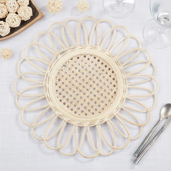 Fennco Styles Handmade Rattan Loopy Placemat 15" Round, 1-Piece - Natural Boho Flower Table Mat Heat Resistant Insulation for Home, Boho Décor, Dining Table, Banquets, Special Events