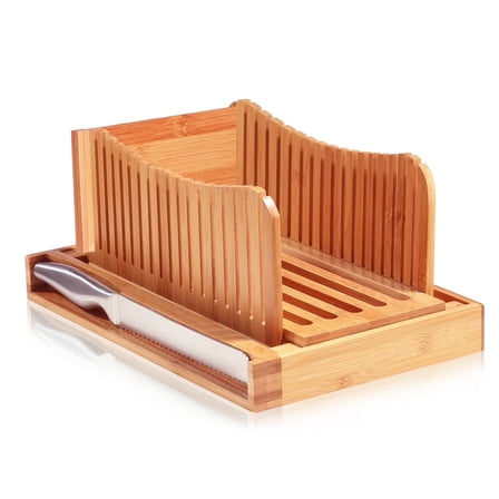Bread Slicer for Homemade Bread - Adjustable Bamboo Bread Cutter with Knife, Foldable Slicing Guide & Crumb Tray - Bread Loaf Slicer for Sourdough, Cakes, Bagels, Loaves - Kitchen Baking Tool & Gift