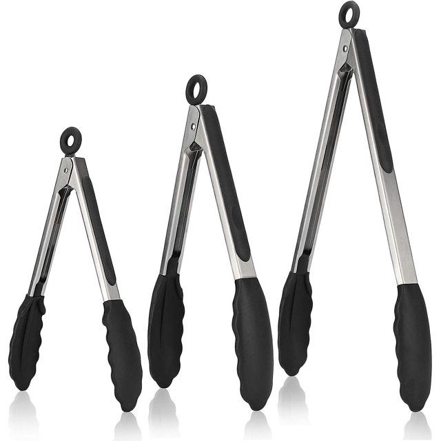 Juego de 3 pinzas de cocina CHAO acero inoxidable utensilios de cocina mango de silicona negro