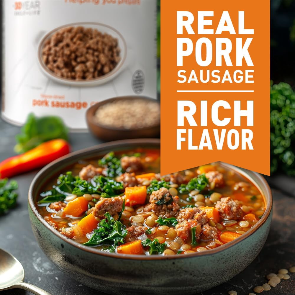 Emergency Essentials Fully Cooked Freeze Dried Pork Sausage Crumbles | 20 Servings | Shelf Stable Protein | 30 Year Shelf Life* | Ready To Use Premium Pork Topping for Breakfast and Every Day Meals
