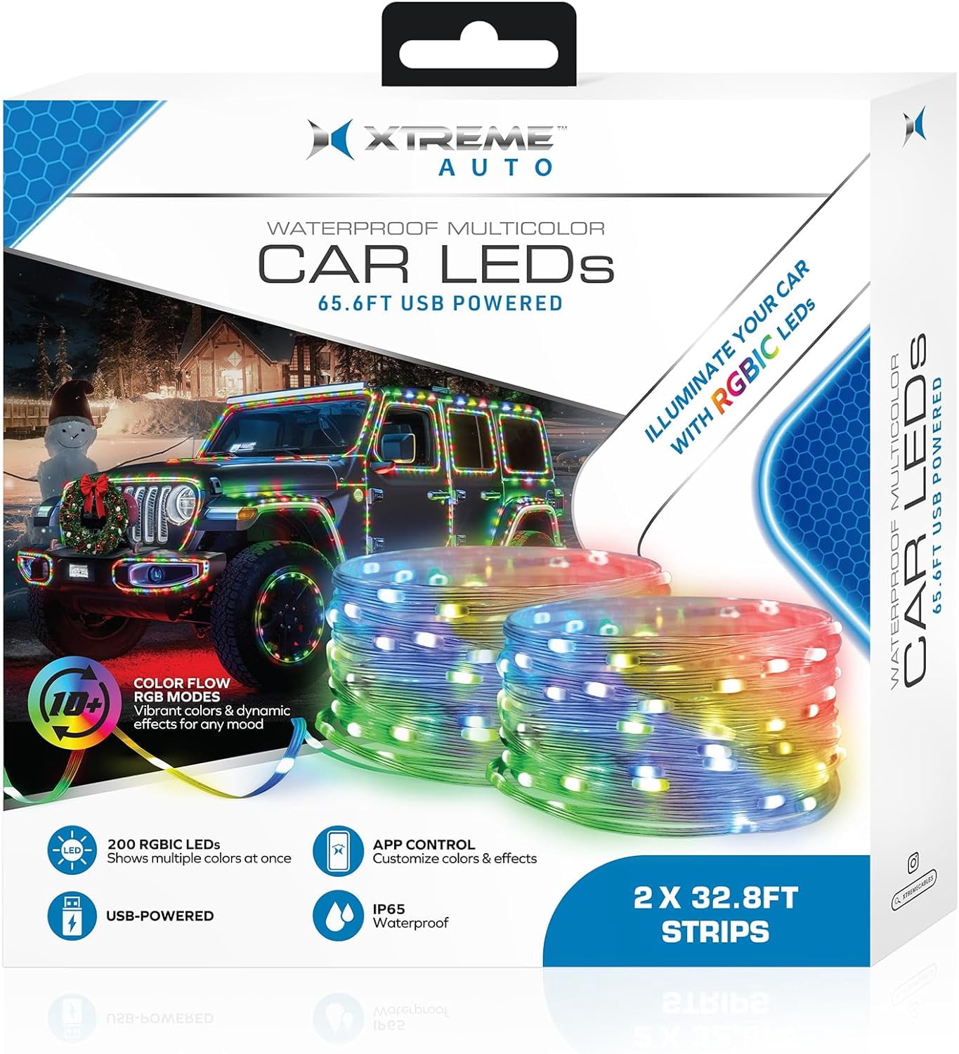 Xtreme Car Exterior RGB+IC LED Lights, 65.6’ Foot Multicolored Color Flow Lights, 200 LEDs, IP65 Waterproof, USB Powered, App Control, Car Accessories and Décor for Christmas, Holidays, Year Round