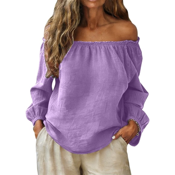 yardsong Womens Linen Tunic Blouse Off The Shoulder Tops Trendy Shirred Neck Balloon Long Sleeve Flowy Beach Blouses Plus Size Purple,XXXXXL
