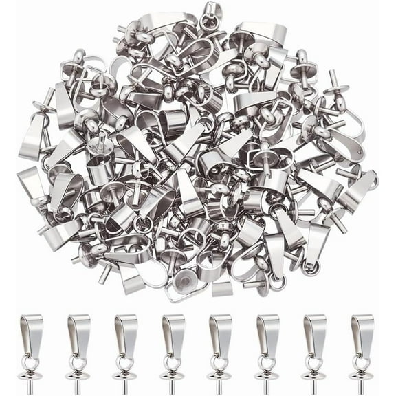 80Pcs Eye Pin Bail Peg Stainless Steel Eye Pinch Bail 12x4mm Cup Pearl Connector for Half Drilled Beads Charms Pendants Jewelry Making Findings Accessory Supplies Necklace