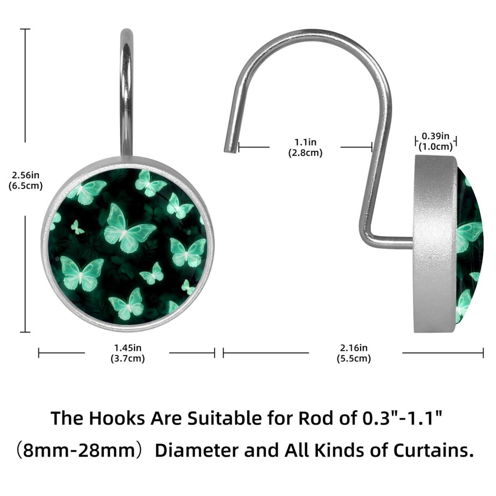 12pcs Decorative Shower Curtain Hooks, Rust Resistant Shower Rings for Bathroom Living Room,Rustproof Stainless Steel Rings for Shower Curtain and Liner Rods,Neon Green Leaves Butterflies