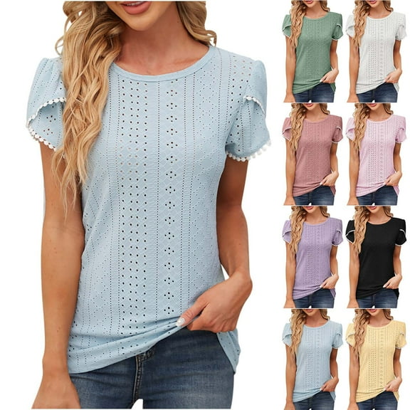 Fesfesfes Womens Basics Top Women's Casual Round Neck Sleeve Patchwork Solid Color Loose T-Shirt Top Shirts Women M(US:6)