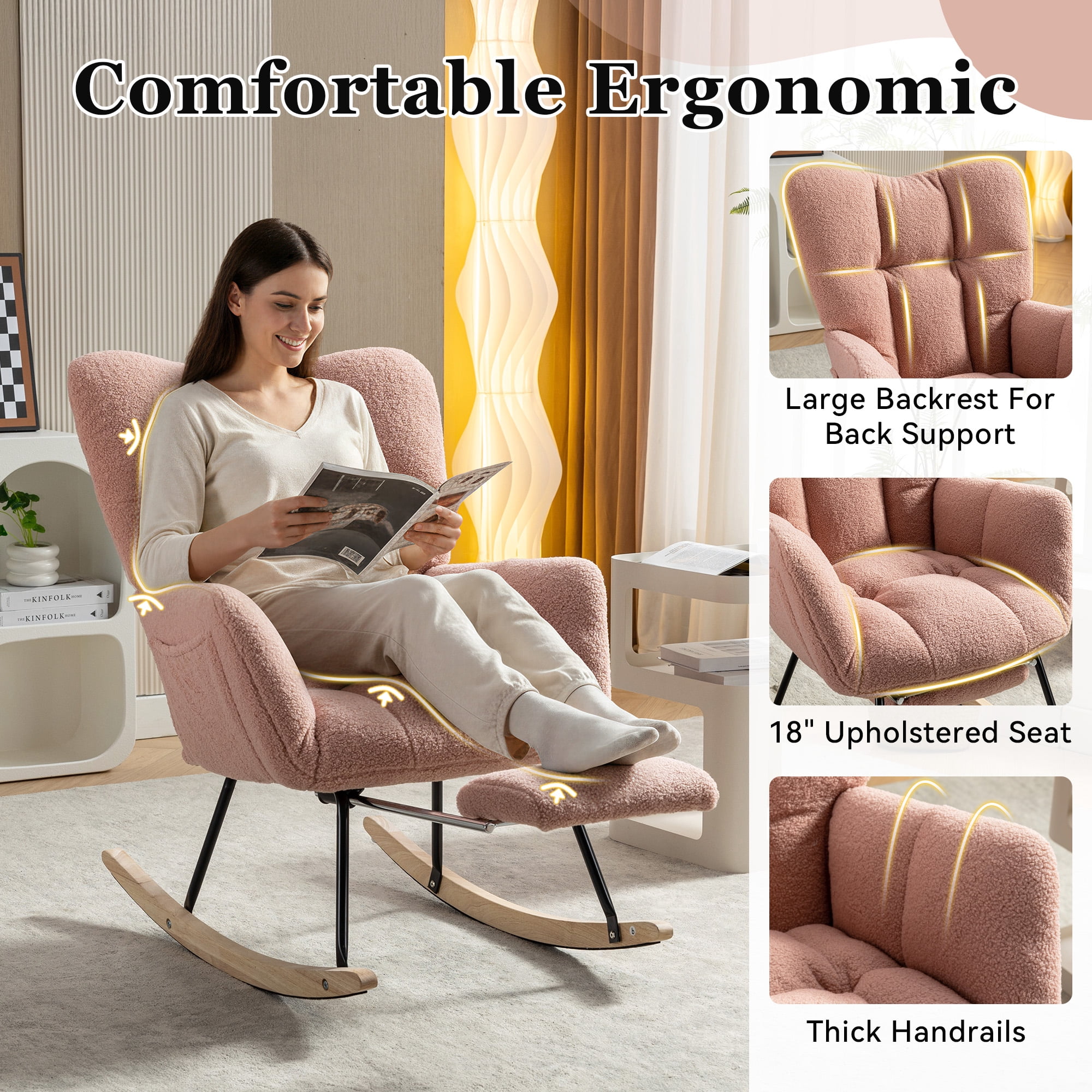Oufan Leisure Rocking Chair With Adjustable Footstool, Teddy Fabric Nursery Rocking Chair with High Backrest & Side Storage Pocket for Living Room, Bedroom