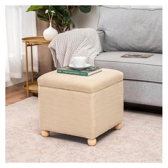 17.3" Modern Oatmeal Teddy Storage Ottoman, Upholstered Cube Foot Stool with Hinged Lid, Round Solid Wood Legs, Versatile Vanity Seat for Living Room, Bedroom