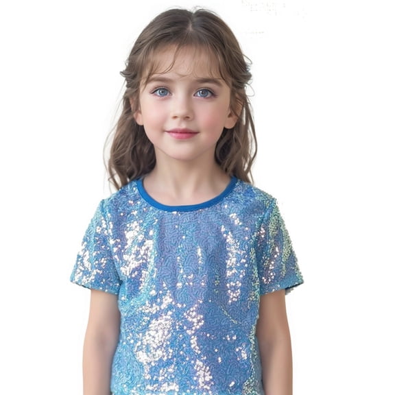 GiLiling Girls Sequin Performance T Shirt Short Sleeved Summer Lightweight Comfy Soft Casual Round Neck Top (Blue, 3-5 Years)