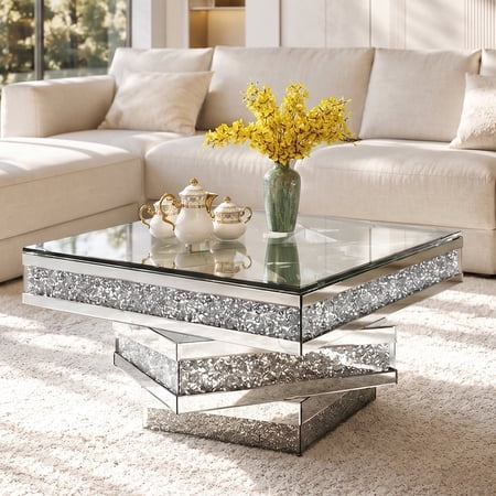 Glam Mirrored and Storage Glass Coffee Table with Crushed Diamonds, Silver