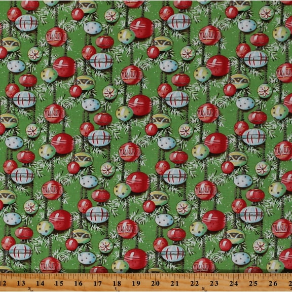 Cotton Christmas Joys Ornaments Decorations Bulbs Holiday Green Cotton Fabric Print by the Yard (C12251-Green)