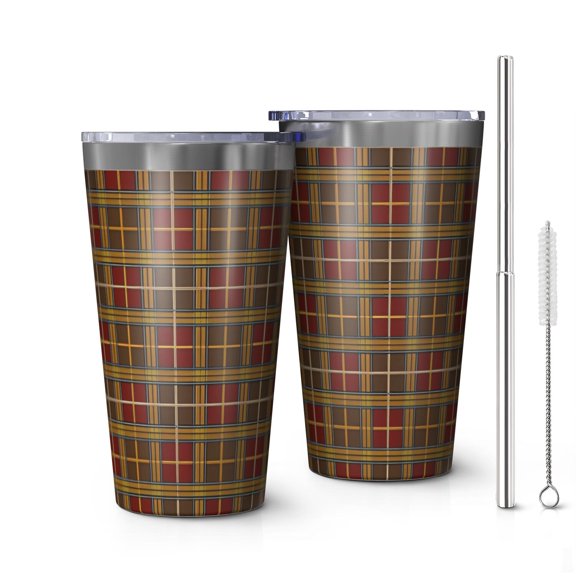 16oz Tumblers Brown Red Yellow Plaid Checkered Pattern Stainless Steel Vacuum Insulated Double Wall Travel Tumbler Cups Mug with Lid and Straw,Cleaning Brush for Coffee,Tea