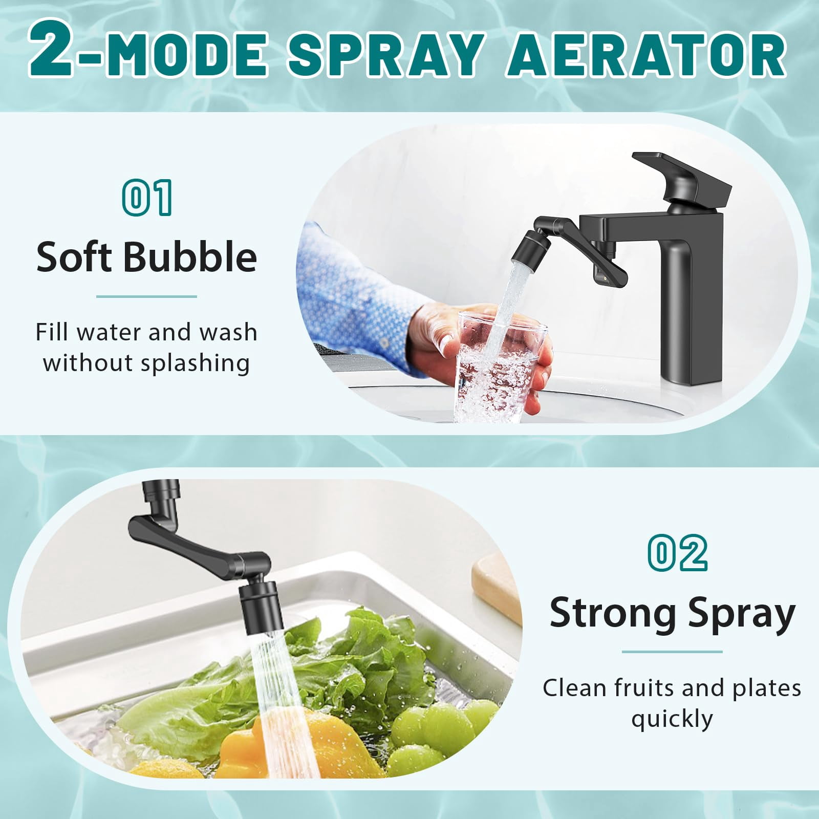 1440° Rotating-faucet-extender Sink Aerator - 1080°+360° Large-angle Splash Tap Extension With 2 Water Outlet  Swivel Multifunctional Robotic Arm For Kitchen/bathroom Black