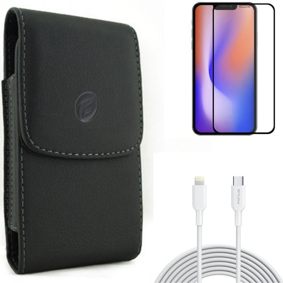 Screen Protector & 10ft PD Cable & Case Belt Clip for iPhone 13/Pro - Combo with Anti-Glare Tempered Glass Matte & USB-C Fast Charger Long & Leather Holster Cover
