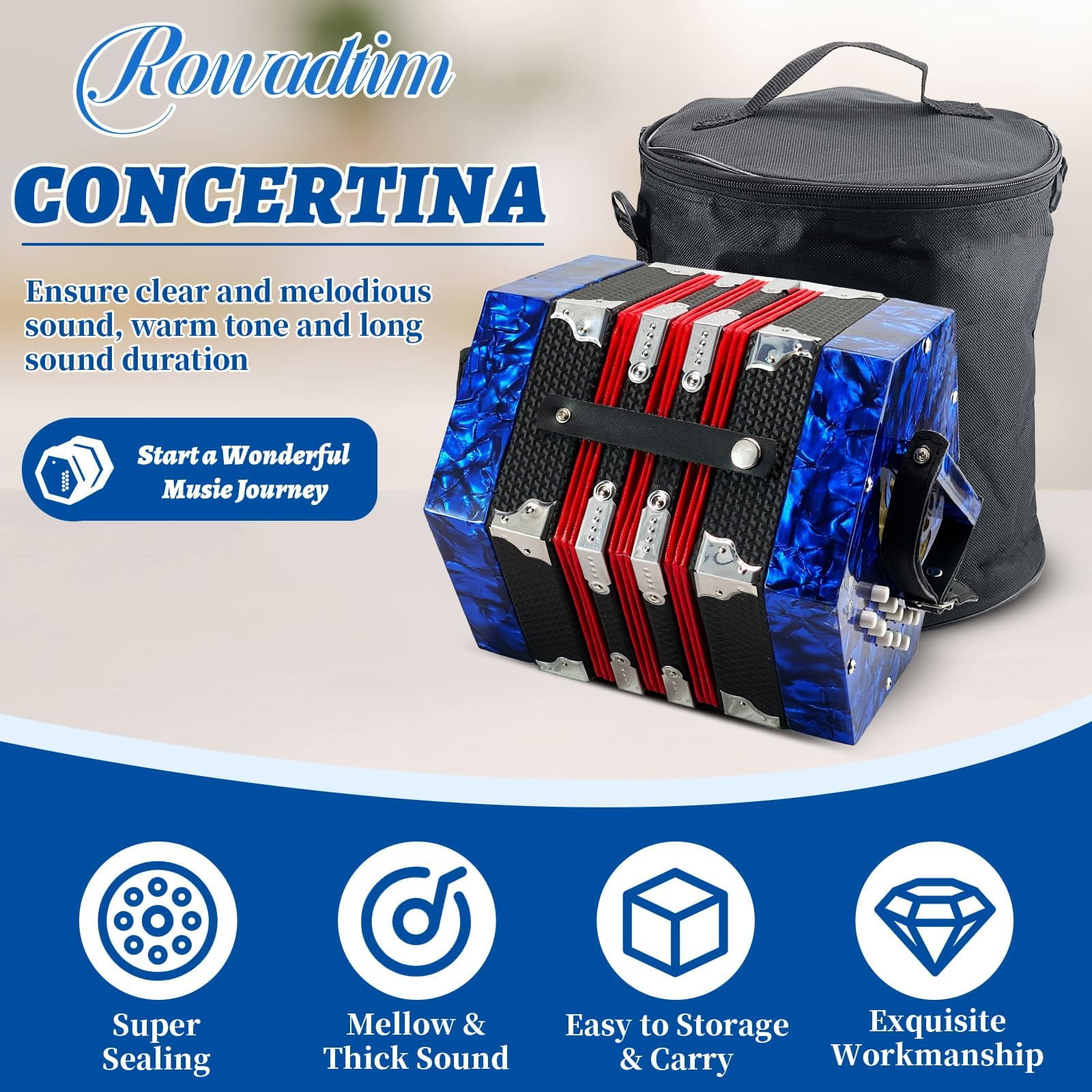 Concertinas,20-Key Accordion for Adults, Professional Accordion for Beginners, Adjustable Hand Straps, Instrument Accessories (Blue)