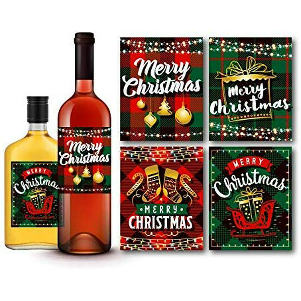 Set of 4 Merry Christmas Plaid Green/Red Wine and Liquor