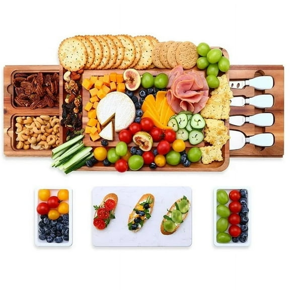 Hecef Ensemble de Planche à Charcuterie, Grand Plateau de Service pour Fromage en Bois d'Acacia de 15 Po, Cadeau de Pendaison de Crémaillère pour Noël Mariage Action de Grâce