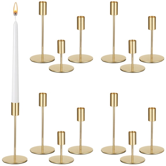 12 Pcs Gold Candlestick Holders Set, Metal Taper Candle Holder Table Decorations, Elegant Centerpieces with 3 Heights, Stylish Candle Holders Bulk for Wedding, Party, Dining