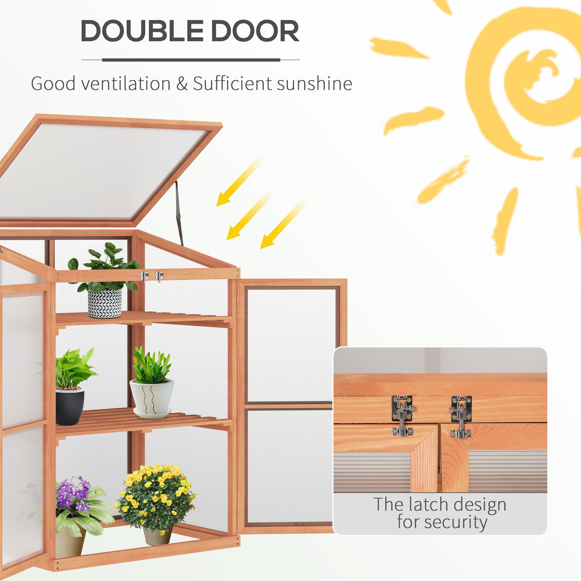 Outsunny Fir Wood Garden Planter Greenhouse w/ Panels, Shelves, Natural