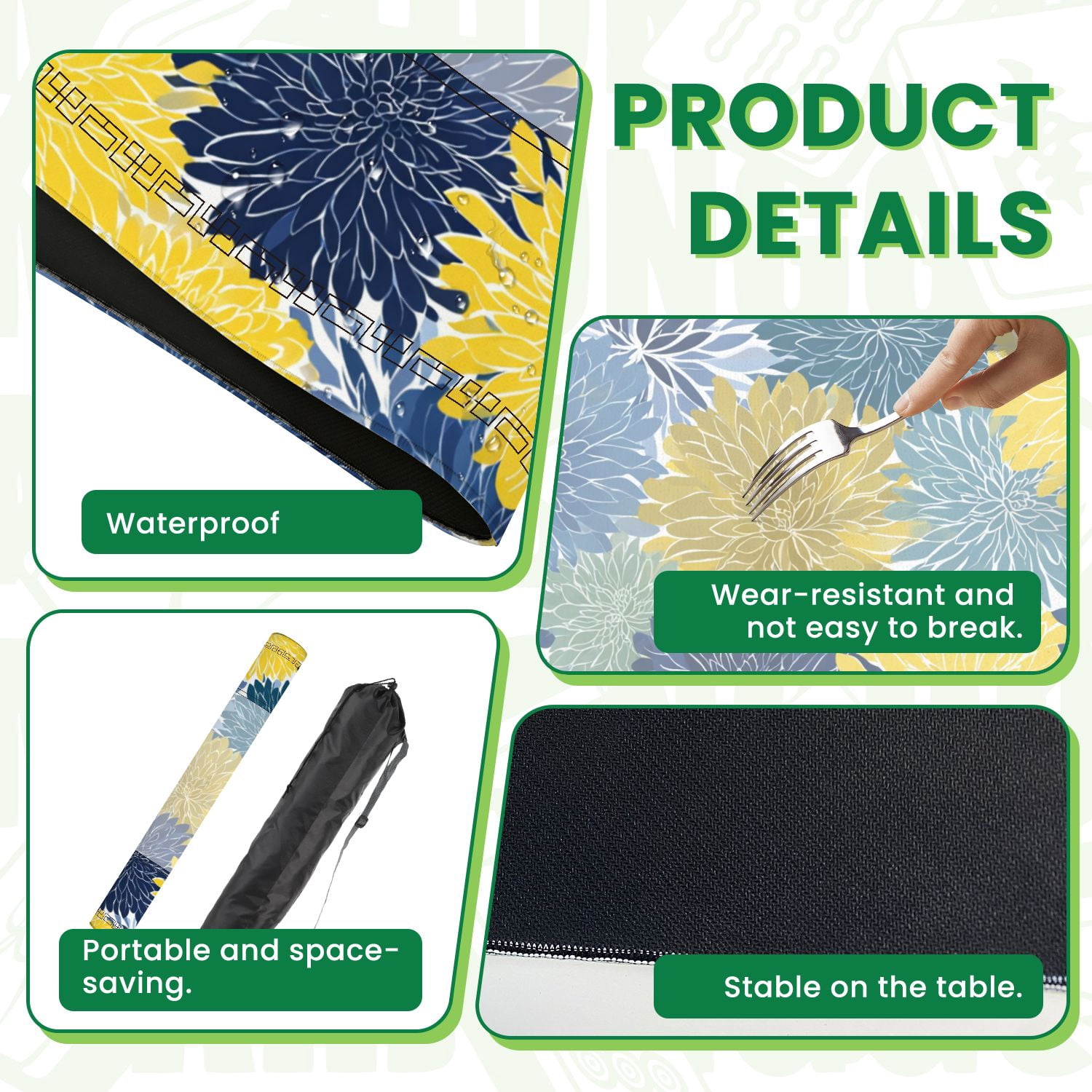 Mahjong Mat 31.5" x 31.5" Spring floral seamless Blue yellow navy Chrysanthemum Non-Slip Noise Reduction American Mahjong Tiles Table Cover for Dominoes Poker Card Board Games Gift