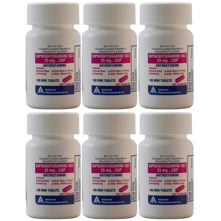 Diphenhydramine 25 mg Generic Benadryl Allergy Medicine and Antihistamine 100 Minitabs per Bottle PACK of (Best Otc Medicine For Sore Throat And Runny Nose)
