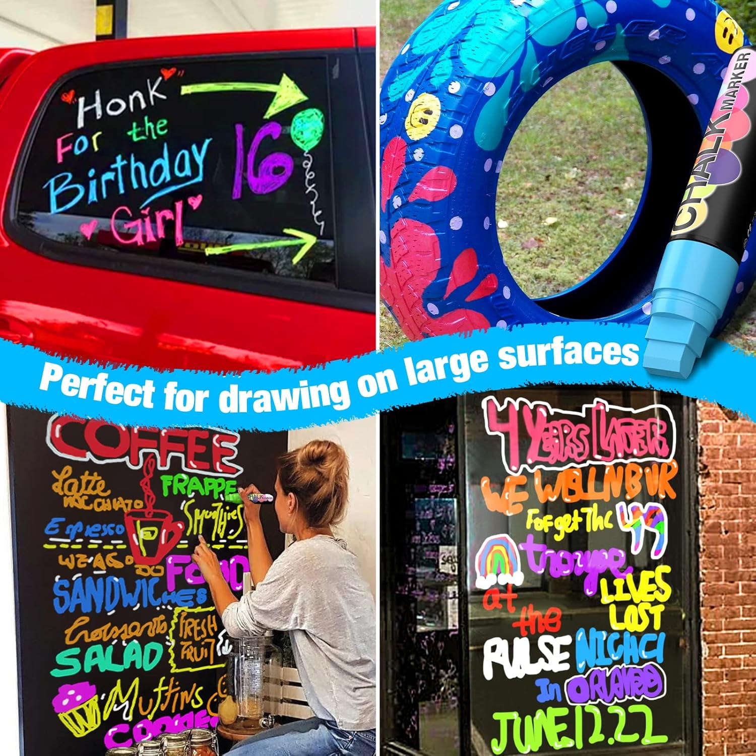 8 Pack 15mm Jumbo Liquid Chalk Marker,Window Paint Markers,Neon Glass Markers Pen, Wet Erase for Cars, Auto, White Board, Chalkboard, Black board, Tire, Mirrors, Bistro