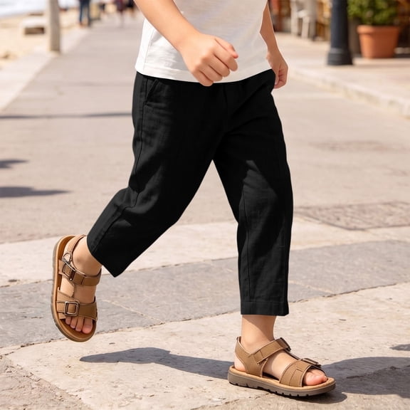 Kids Linen Cropped Pants Elastic Waist Breathable Thin Ankle Trousers, Summer Casual Bottoms Black 170