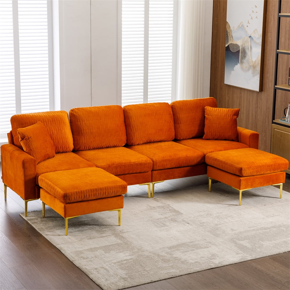 U Shaped Sectional Sofa with Pillow and 2 Ottoman,Velvet Sectional