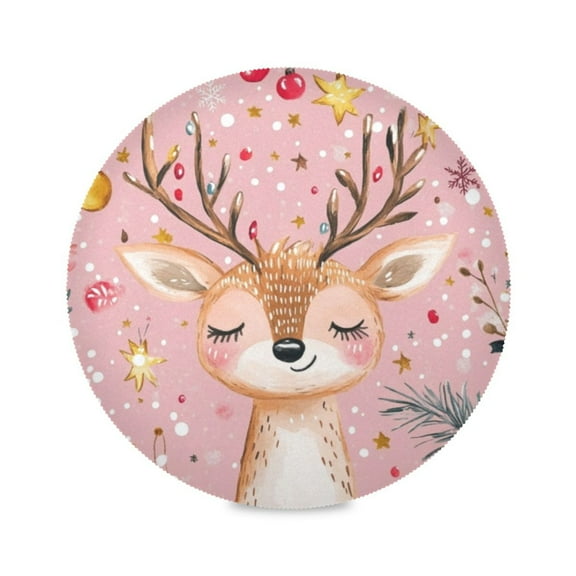 Round Plate Mat 15.4x15.4 Inchesx1 Placemat Table Mat Kitchen Mat Coffee Mat Fabric Thick, Strong Wear-Resistant, Heat Resistance Pink Christmas Closed Eyes Deer