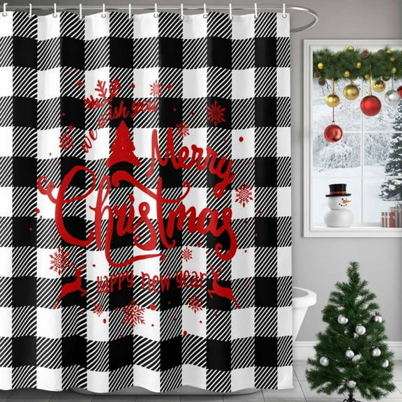 Merry Christmas Shower Curtains for Bathroom, Black White Buffalo Checked Plaid Waterproof Fabric Shower Curtain for Bathroom Bathtub Decoration, Machine Washable, 60"x72"