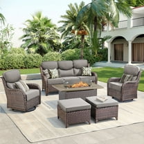 Unnifurnzi 6 Pieces Outdoor Furniture with Fire Pit-All Weather Wicker Outdoor Swivel Chair Outdoor Couch with Outdoor Ottoman Outdoor Patio Furniture for Deck Porch Poolside-Brown/Gray