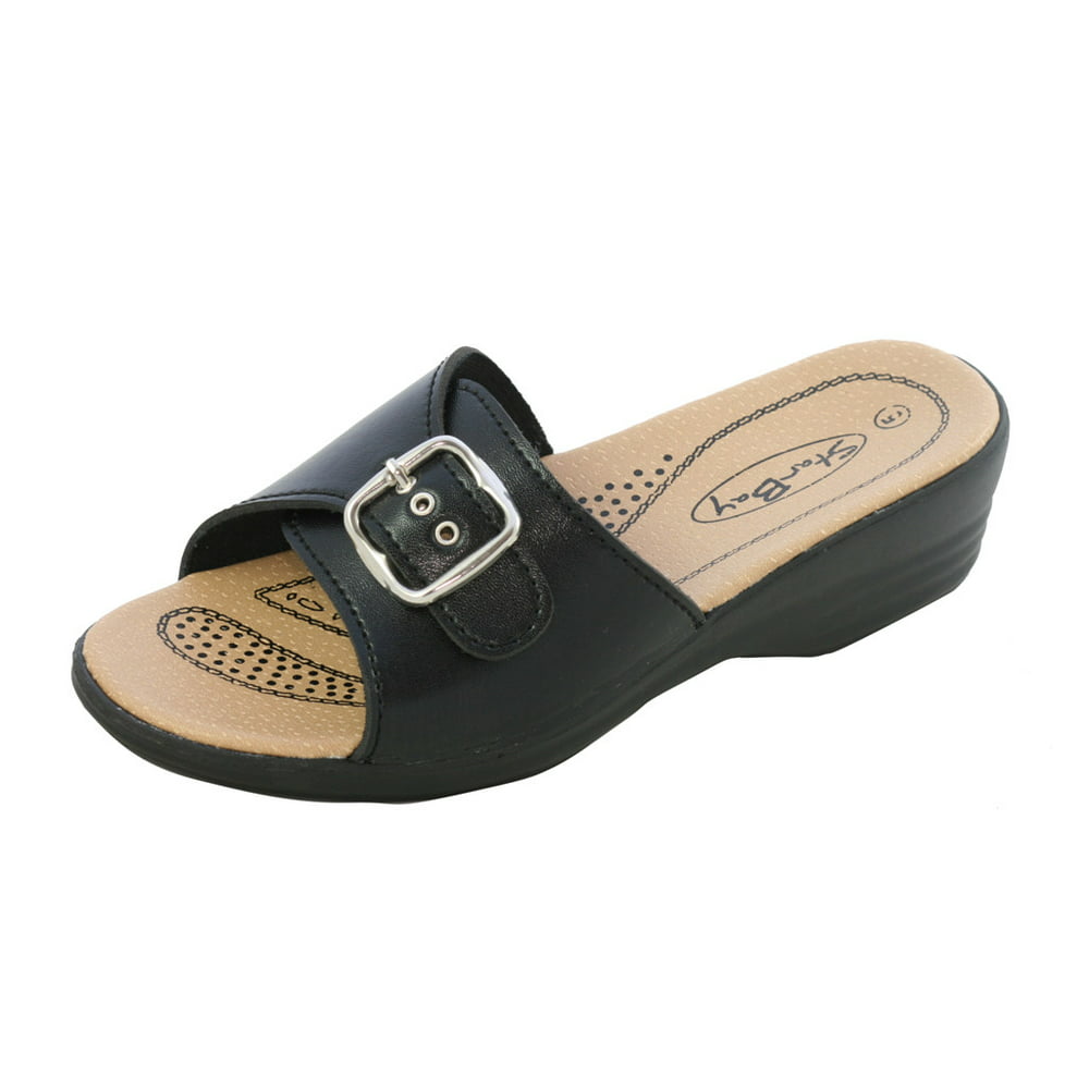 Star Bay - Brand New Women's Slip-On Low Wedge Comfort Sandals Black ...