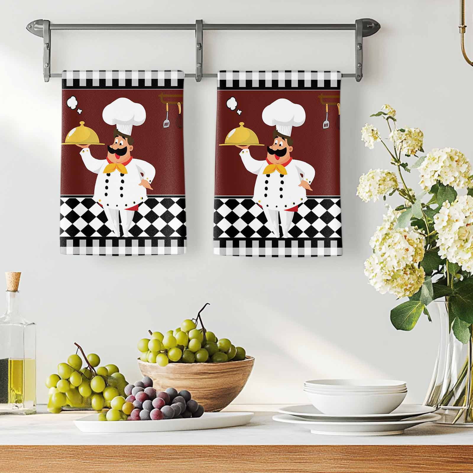 Dish Towels, Cartoon Chef Absorbent Kitchen Towels 2 PCS, Kitchen Gourmet Black Plaid Microfiber Hand Towels Dish Cloths Tea Towels for Home&nbsp;Bathroom Cleaning Drying,18X28-Inch,