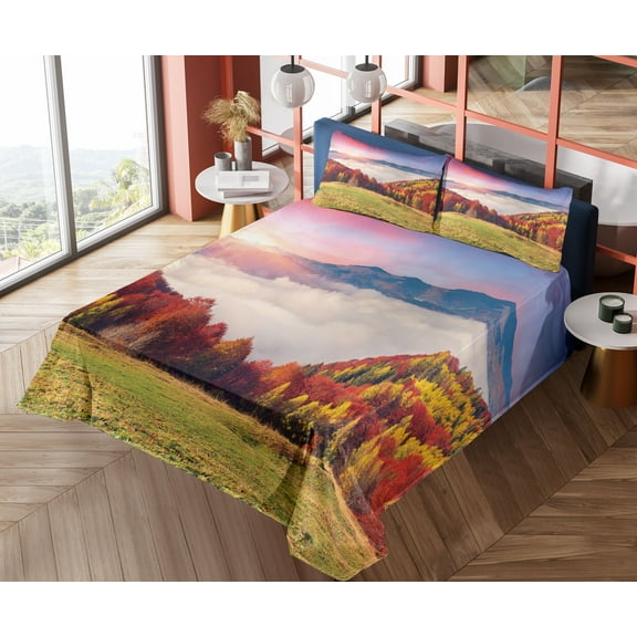 Ambesonne Colorful Fitted & Top Sheet Set with Shams, Fall Morning Mountain, Multicolor