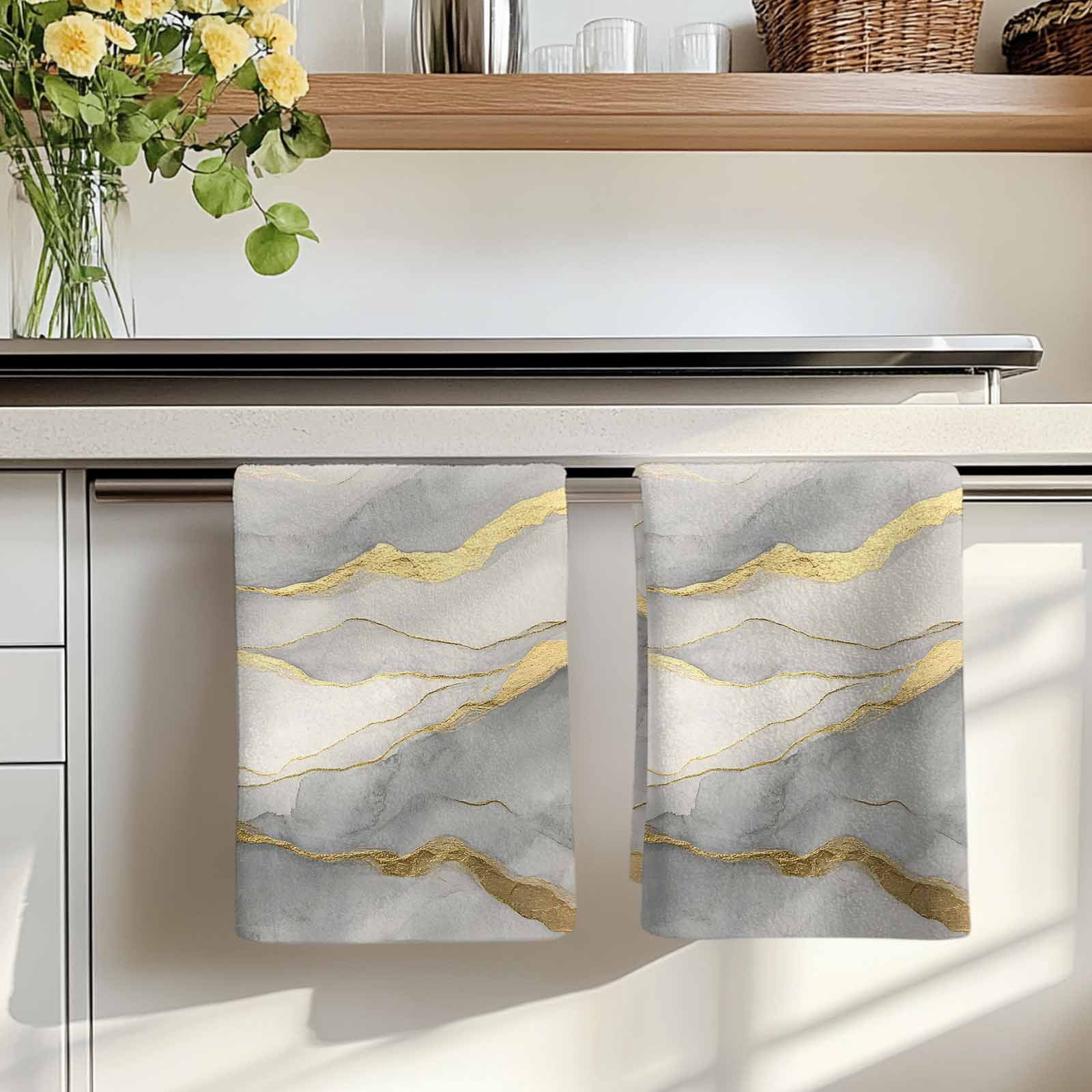 Marble Grey Kitchen Towels Set of 2, Modern Gold Luxury Neutral Texture Absorbent Dish Towels for Kitchen, Microfiber Hand Towel, Quick Drying Tea Towel for Cleaning Decorative Dishcloths