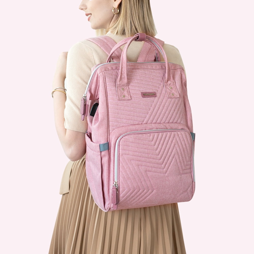 Sunveno Quilted Diaper Backpack Large Capacity Diaper Bag, Pink