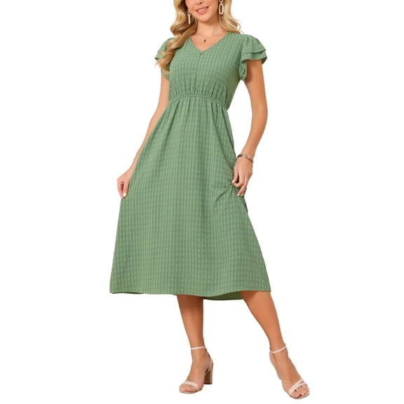 INSPIRE CHIC Women's Summer Dresses 2026 Ruffle Short Sleeve V Neck Button Flowy A-Line Midi Dress with Pockets S Green