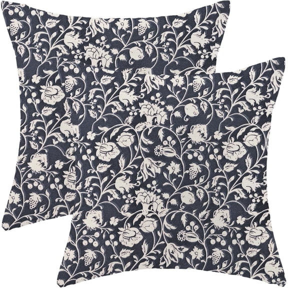 Navy Blue Floral Throw Pillow Covers 18x18 Set of 2, Flower Print Linen Decorative Pillow Covers Neutral Vintage Decoration Outdoor Cushion Cover Floral Pillowcase for Sofa Couch Farmhouse