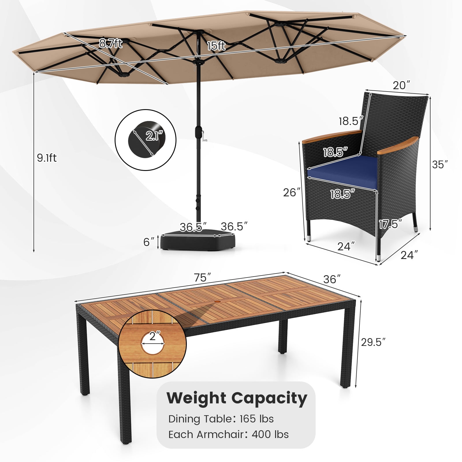 Costway 11 PCS Patio Wicker Dining Set with Double-Sided Outdoor Umbrella 8 Stackable Chairs
