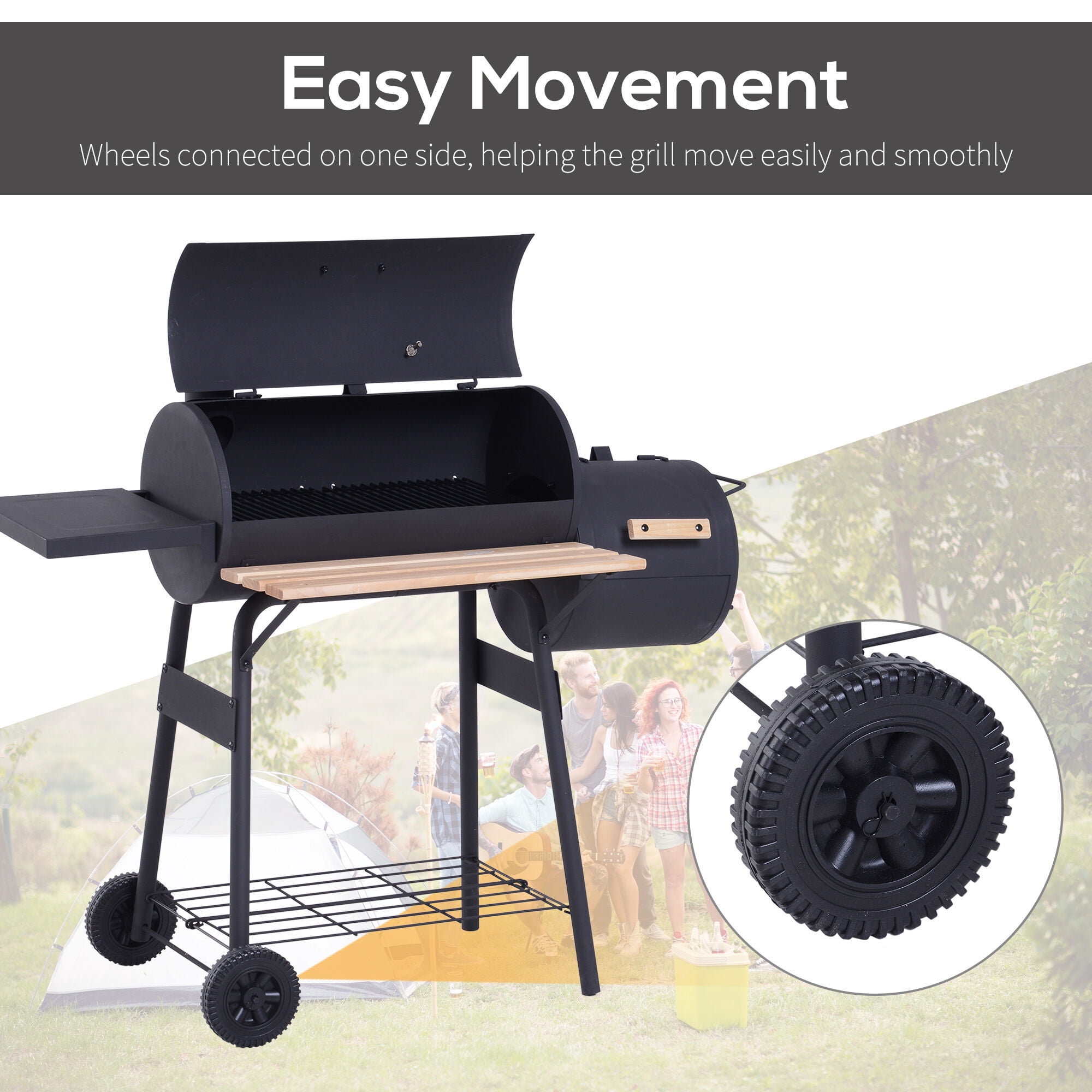 Outdoor Grill, 48" Steel Portable Backyard Charcoal BBQ Grill and Offset Smoker Combo with Wheels, Black BBQ Grill,Steel Tabletop Grill, Garden & Outdoor BBQ Grills & Outdoor Cooking
