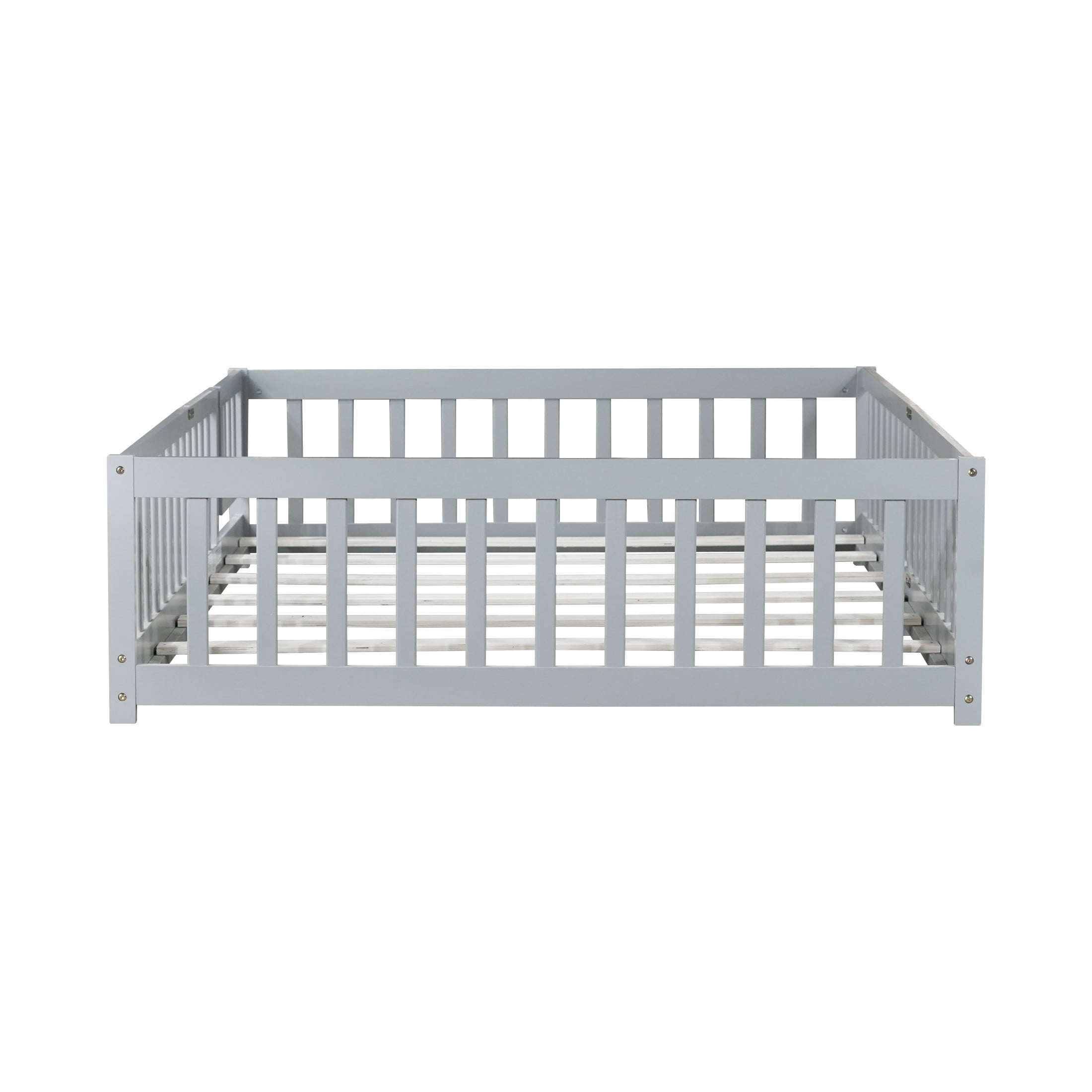 Noble House Full Floor Bed with Safety Guardrails and Door, Rubber Wood Montessori Bed, Kid's Room, Gray